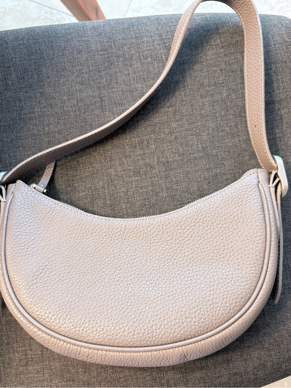 Quince Pebbled Leather Crescent Shoulder Bag in Light Taupe - Picture 2 of 6